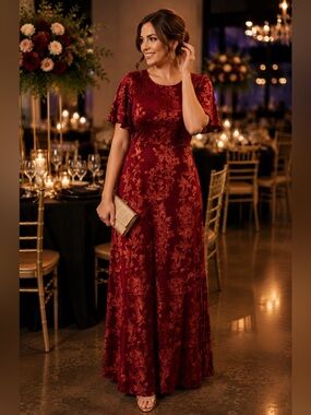 Kiyonna Burgundy Burnout Velvet Floral Maxi Dress Wedding Evening Formal